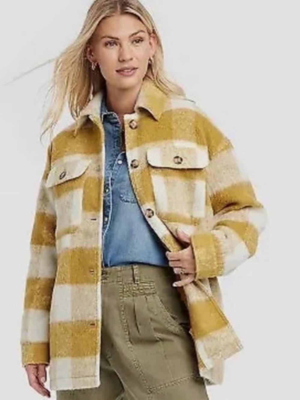 Universal Thread Mustard and Cream Plaid Utility Shacket